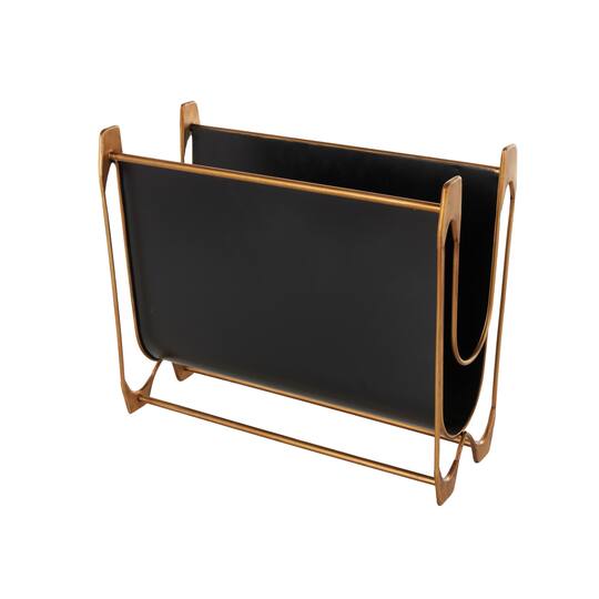15" Black Metal Curved Magazine Holder with Brass Stand